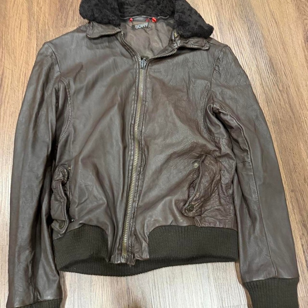Vintage Doma Brown leather bomber jacket with fur collar women size m